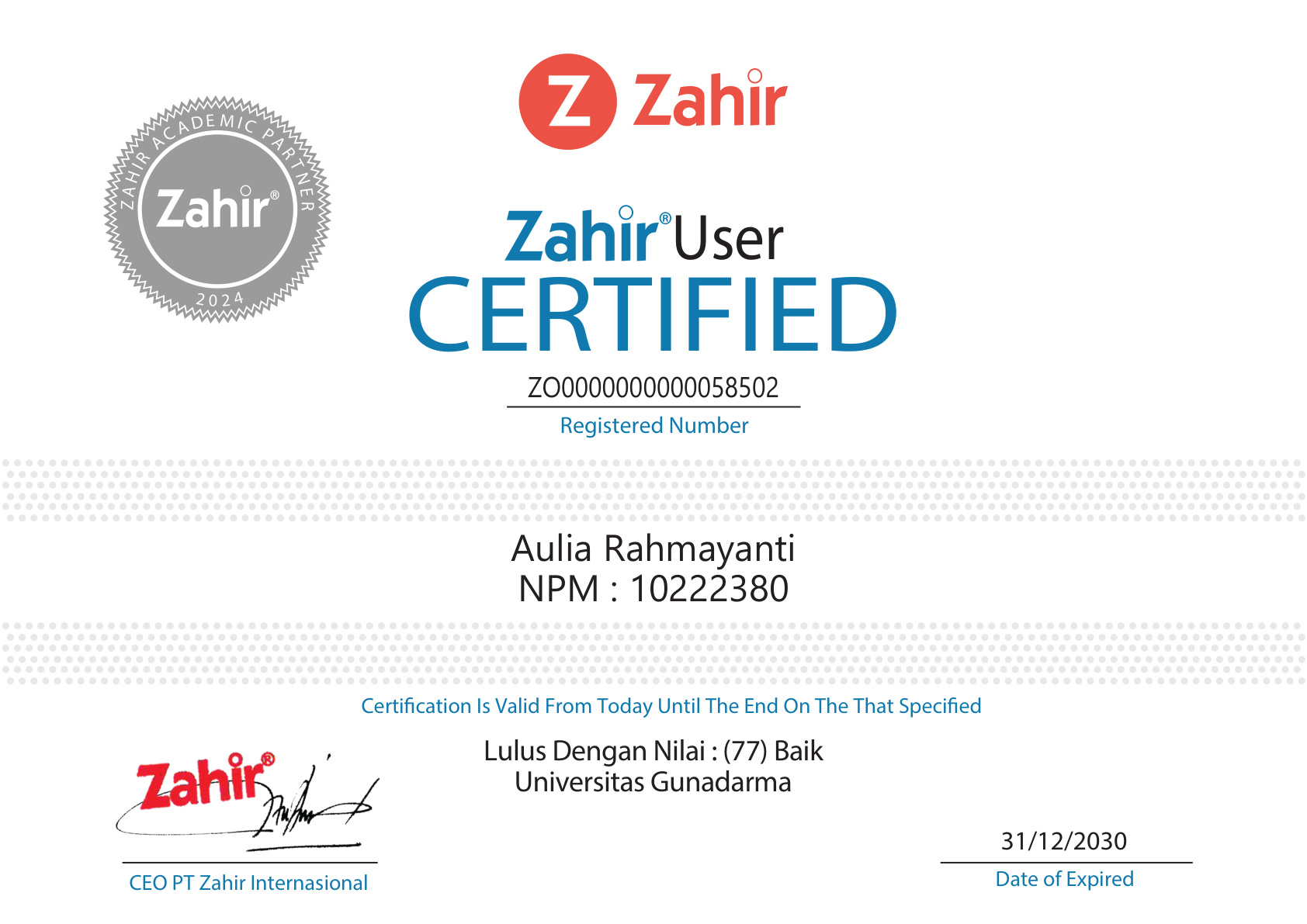 Zahir User Certified